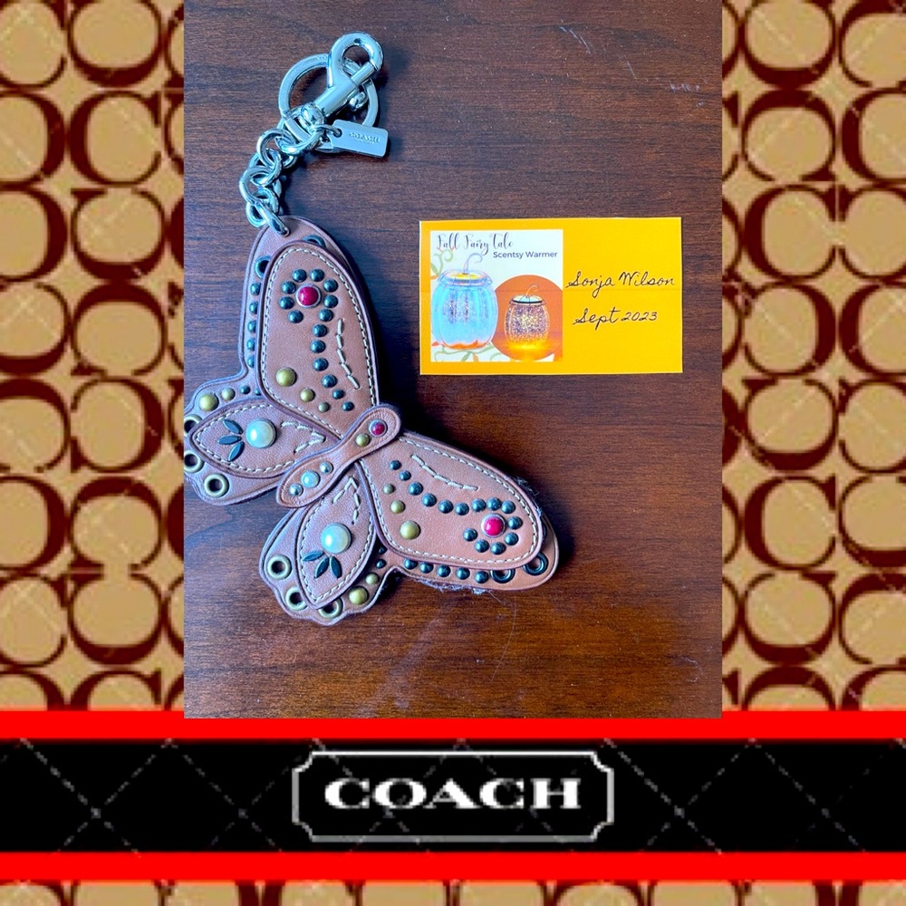 COACH BROWN EMBELLISHED LARGE BUTTERFLY BAG CHARM KEY RING FOB 58996 EUC